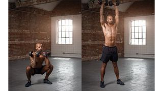 Man performs thruster exercise with dumbbells