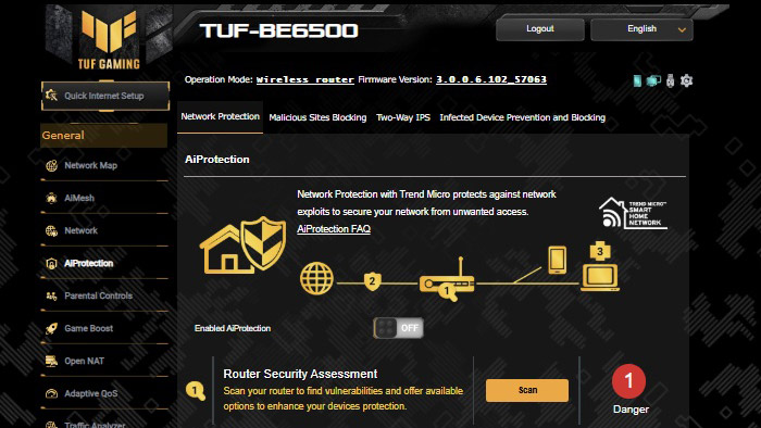 A screenshot of the Asus TUF Gaming BE6500 router web interface.