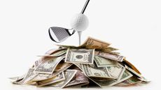 Creative image of teed-up golf ball and dollar bills