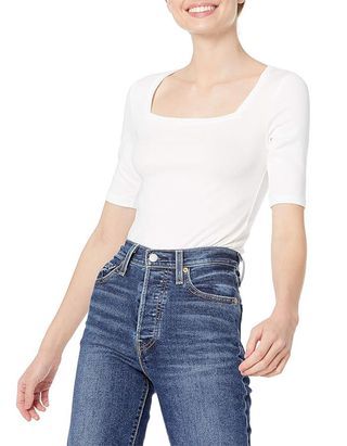 Amazon Essentials Kaos Wanita Slim-Fit Lengan Pendek Leher Kotak, Putih Cerah, Sedang