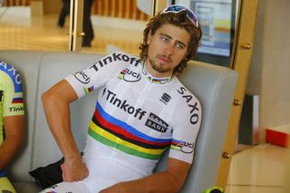 Peter Sagan relaxes in his rainbow stripes