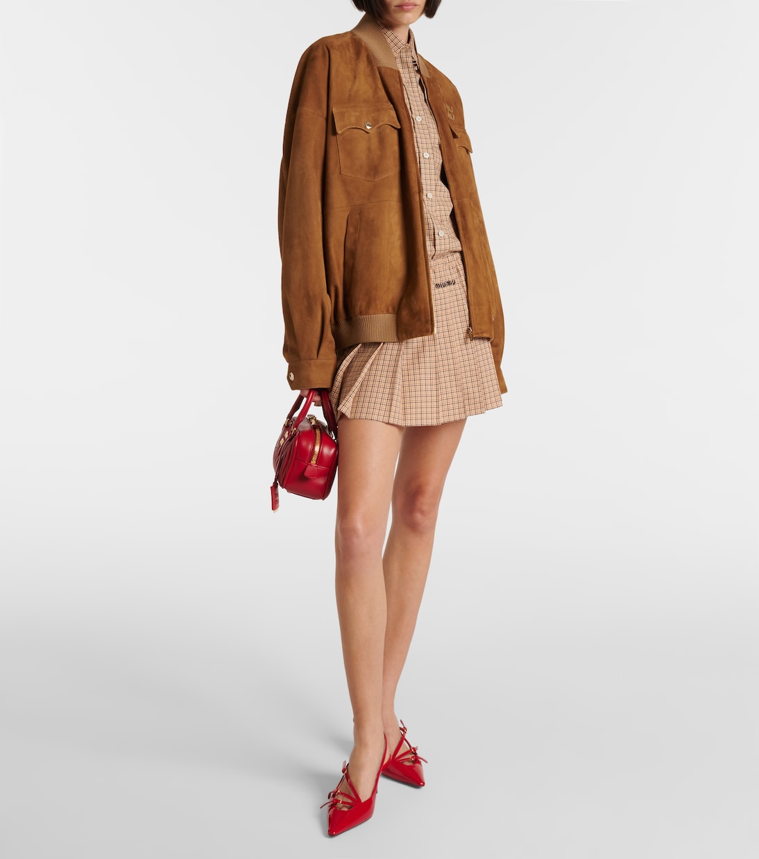 Logo Pleated Checked Cotton Miniskirt