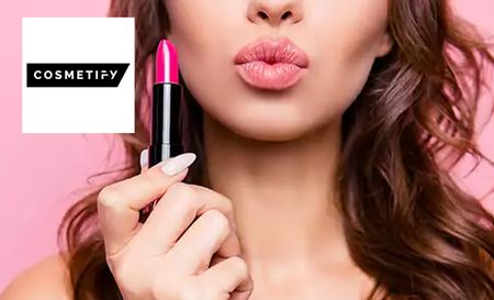 cosmetify logo top left with a picture of a woman pouting with lipstick
