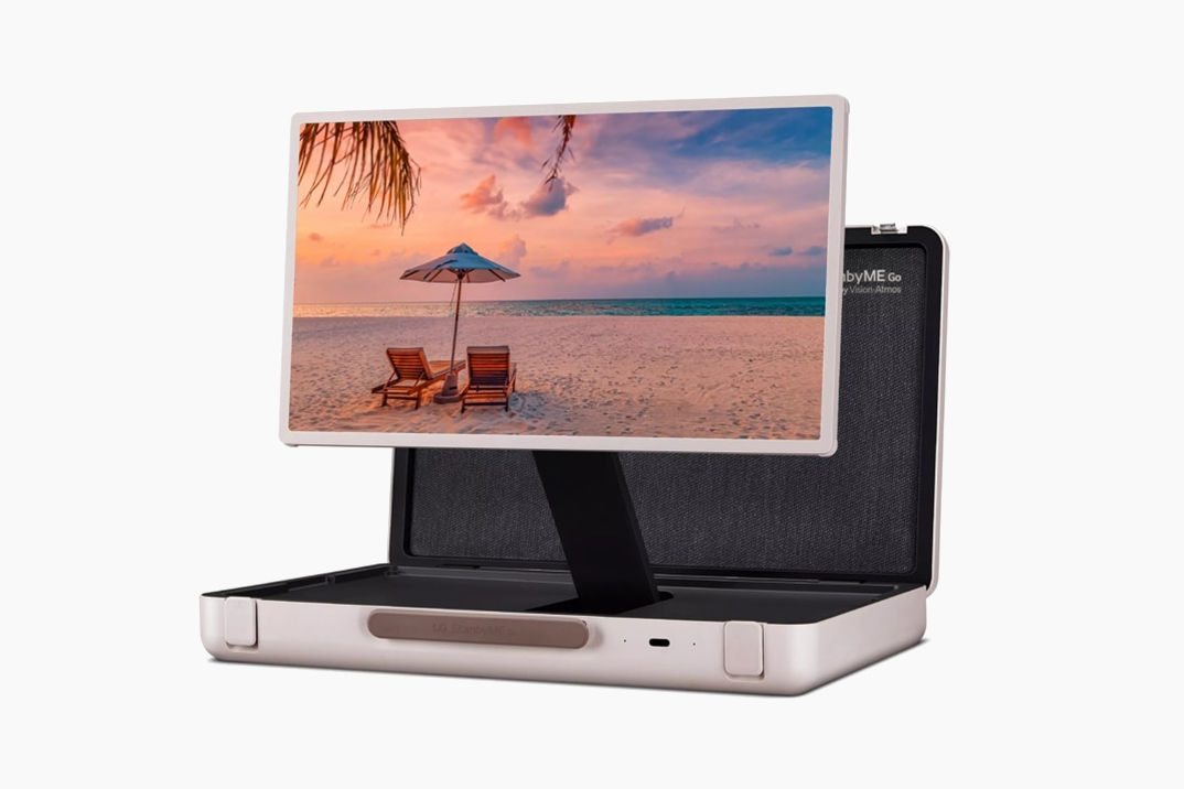 A screen in a briefcase with its own battery and speakers.
