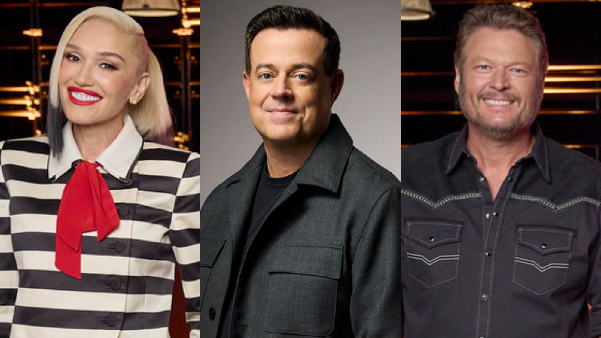 Gwen Stefani, Carson Daly and Blake Shelton are shown on The Voice.