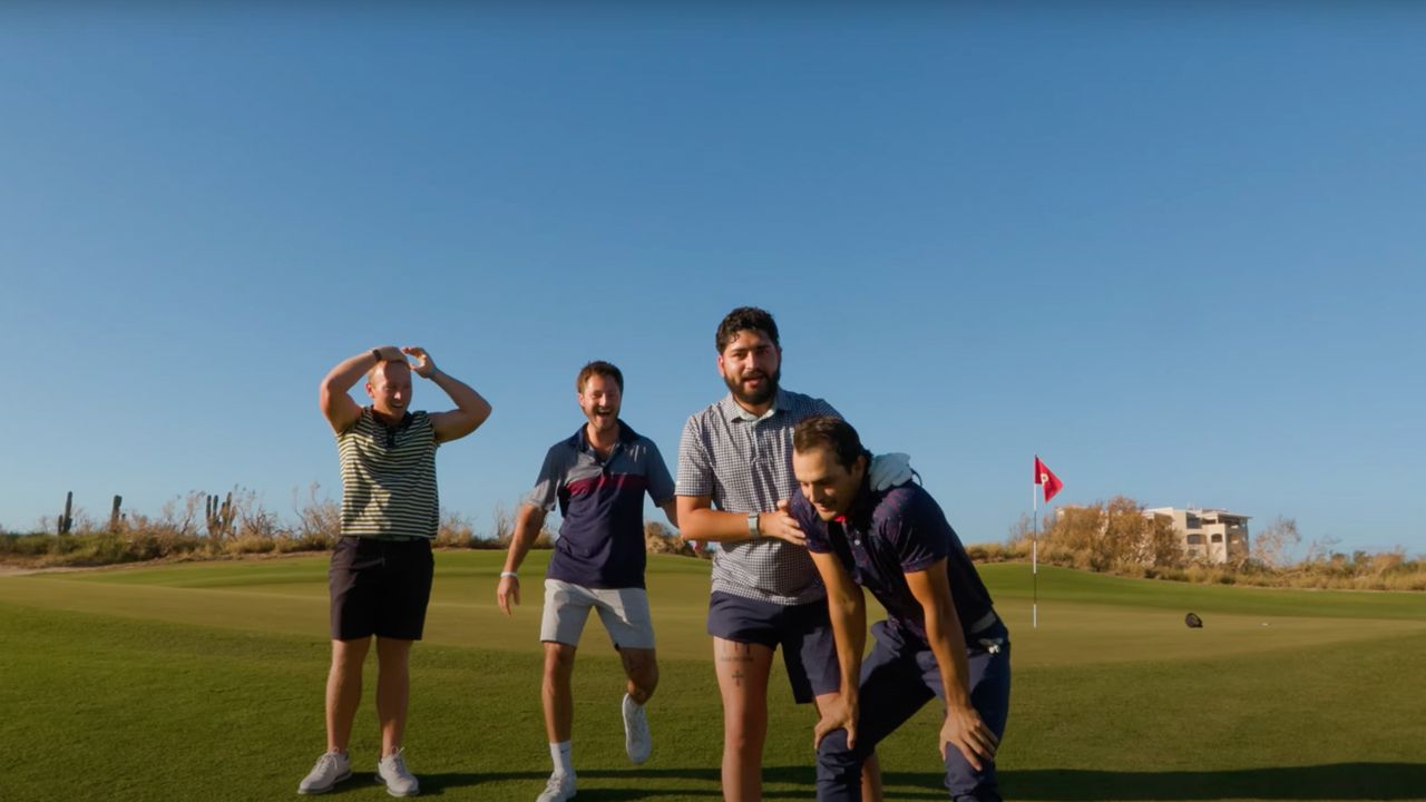 A screenshot of Matt Scharff, Tom Broders, and Stephen Castaneda celebrating the former&#039;s par 4 ace near the green