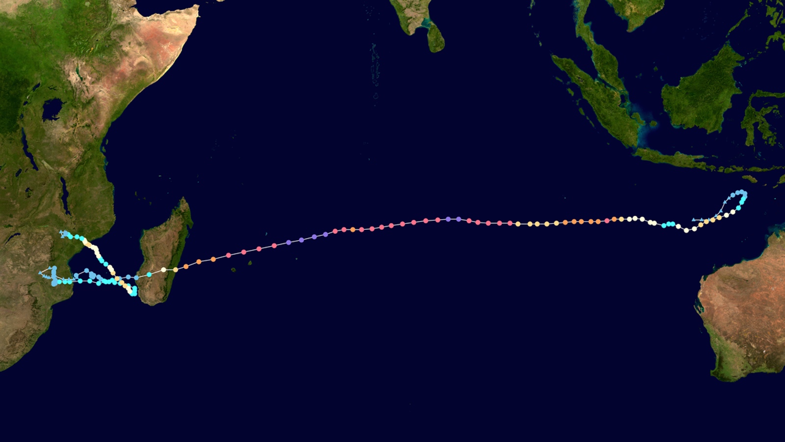 The trajectory of Cyclone Freddy between Feb. 6 and March 15.