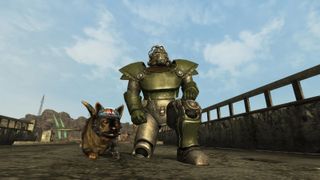 Power armour guy crouches with his dog.