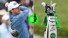 Alex Smalley hits a driver, with a close up of his golf bag