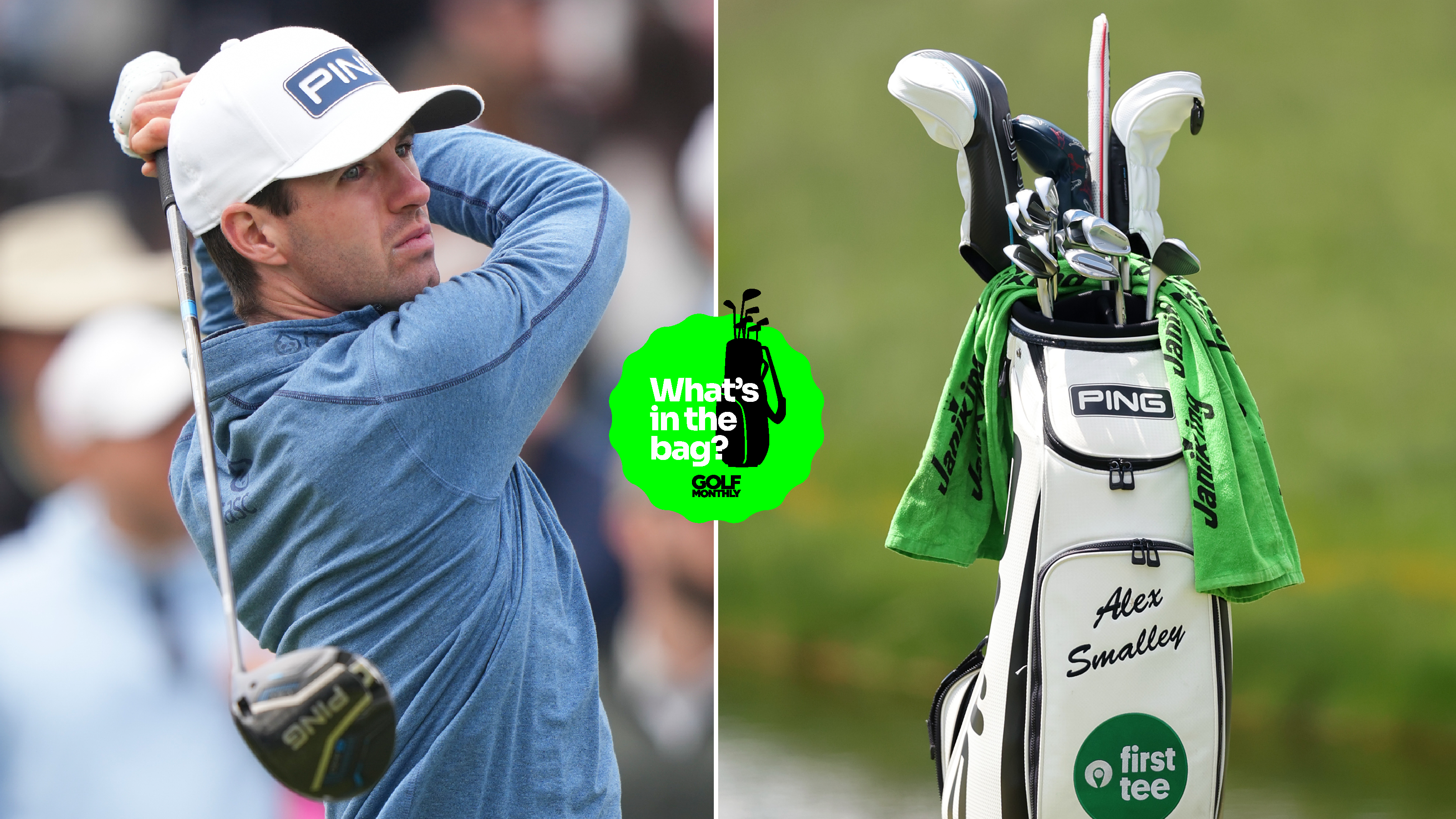 Alex Smalley hits a driver, with a close up of his golf bag