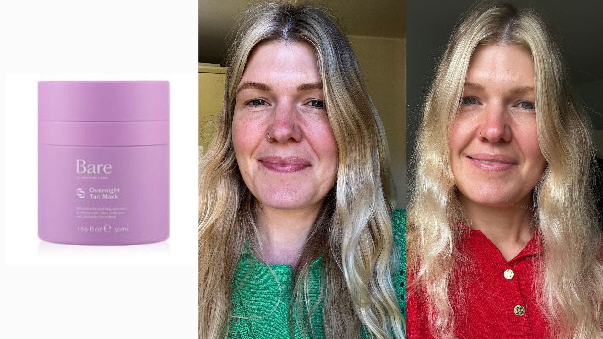 a jar of bare by vogue overnight tan mask next to beauty editor Fiona mckim (l) with paler skin before using the mask, (r) with bronzed skin after trying it