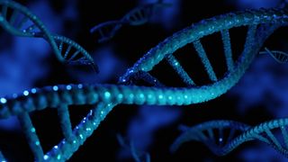 A detailed macro shot of DNA double helix strands illuminated with blue fluorescent light. The foreground DNA structure is in sharp focus, while the background is blurred, creating a bokeh effect. The image evokes themes of scientific research, genetics, and biotechnology.