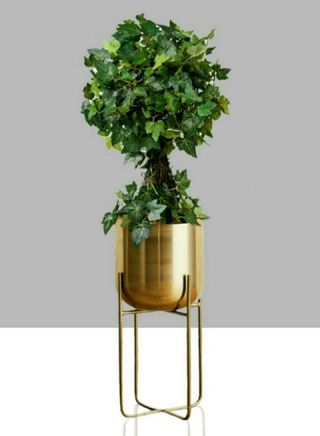 tall gold standing planter with slim legs holding a plant