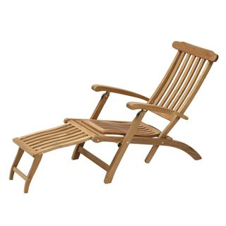 All wooden deckchair with extended leg rest section.