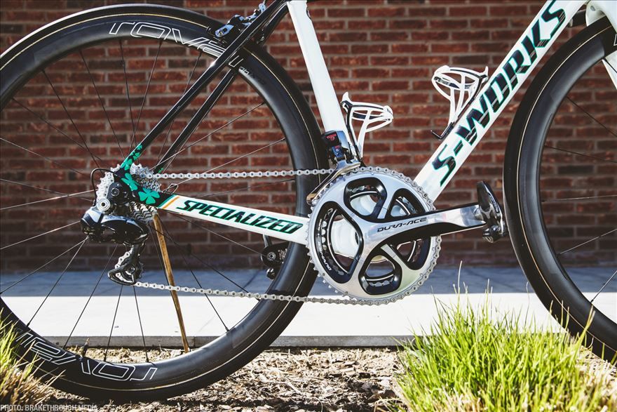 Shamrocks grace the chainstays of Dan Martin's Emerald Panda Tarmac