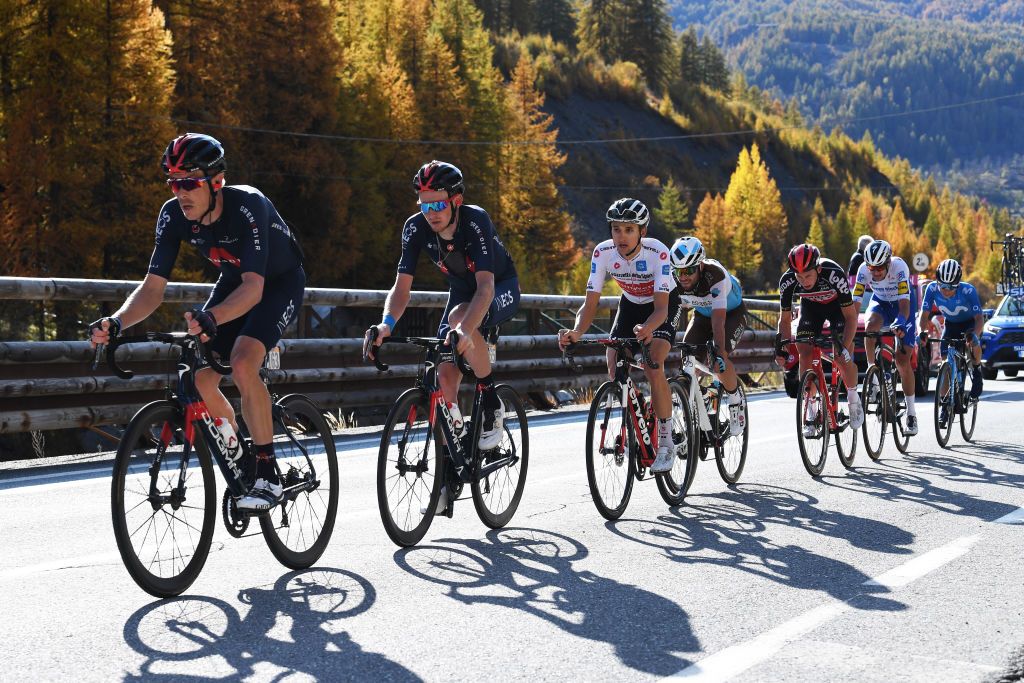 SESTRIERE ITALY OCTOBER 24 Rohan Dennis of Australia and Team INEOS Grenadiers Tao Geoghegan Hart of The United Kingdom and Team INEOS Grenadiers Jai Hindley of Australia and Team Sunweb White Best Young Rider Jersey Andrea Vendrame of Italy and Team Ag2R La Mondiale during the 103rd Giro dItalia 2020 Stage 20 a 190km stage from Alba to Sestriere 2035m girodiitalia Giro on October 24 2020 in Sestriere Italy Photo by Tim de WaeleGetty Images