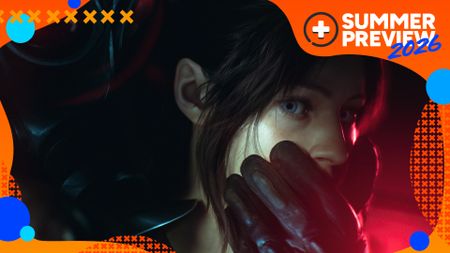 Claire Redfield is grabbed from behind in Resident Evil Veronica by a figure in a gas mask, with the orange GamesRadar+ Summer Preview 2026 frame