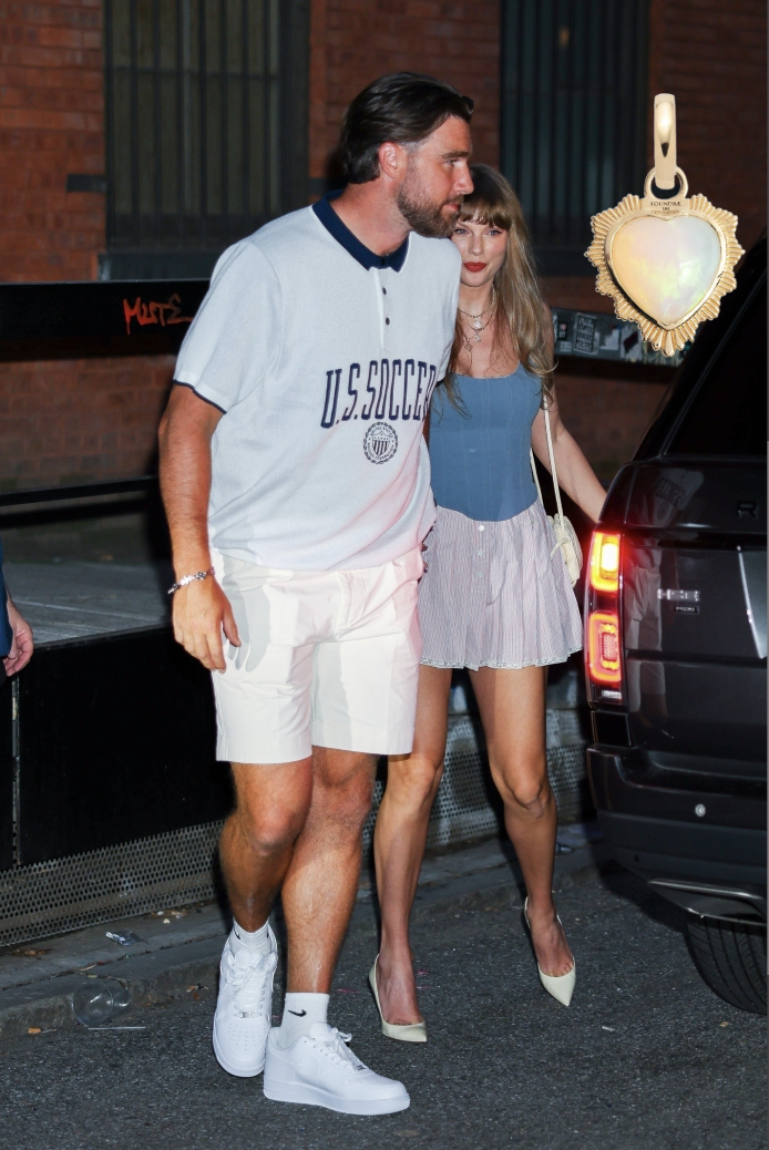 Taylor Swift and Travis Kelce arriving in New york where Taylor wears a corset top and Foundrae heart charm