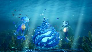 A pair of blue merpeople stand on either side of a thorny coral structure in Life Below.