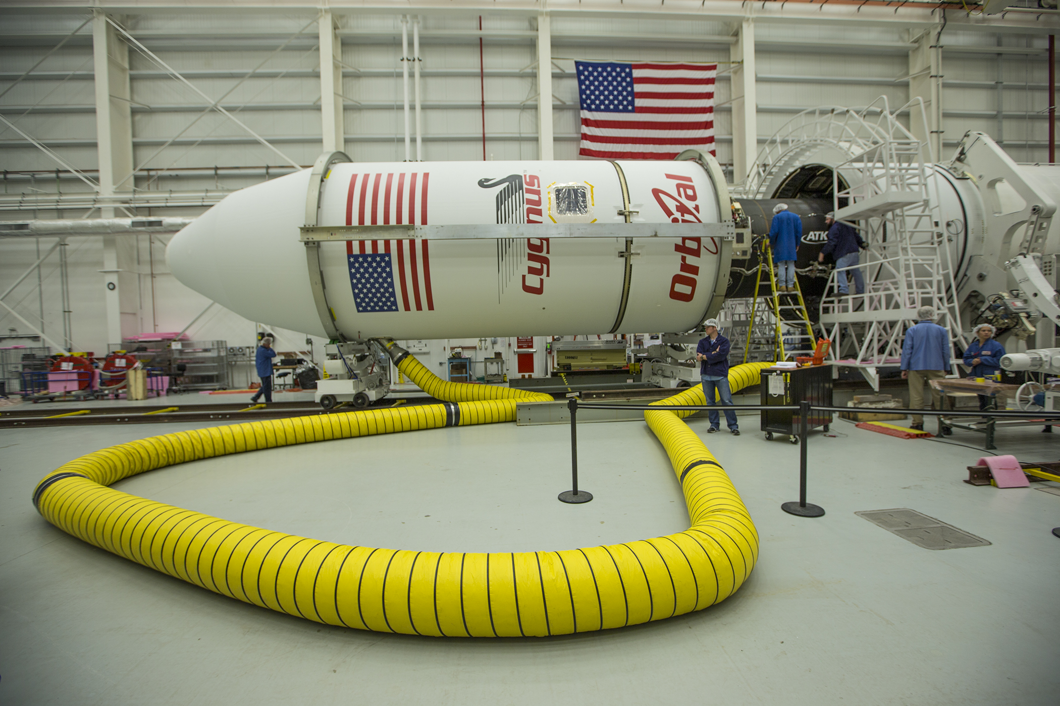 The Cygnus spacecraft and Antares rocket are prepared for launch at NASA&#039;s Wallops Flight Facility in Wallops Island, Virginia. 