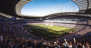 Manchester City: General view inside the stadium during the Trophy presentation during the Premier League match between Manchester City and Huddersfield Town at Etihad Stadium on May 6, 2018 in Manchester, England.