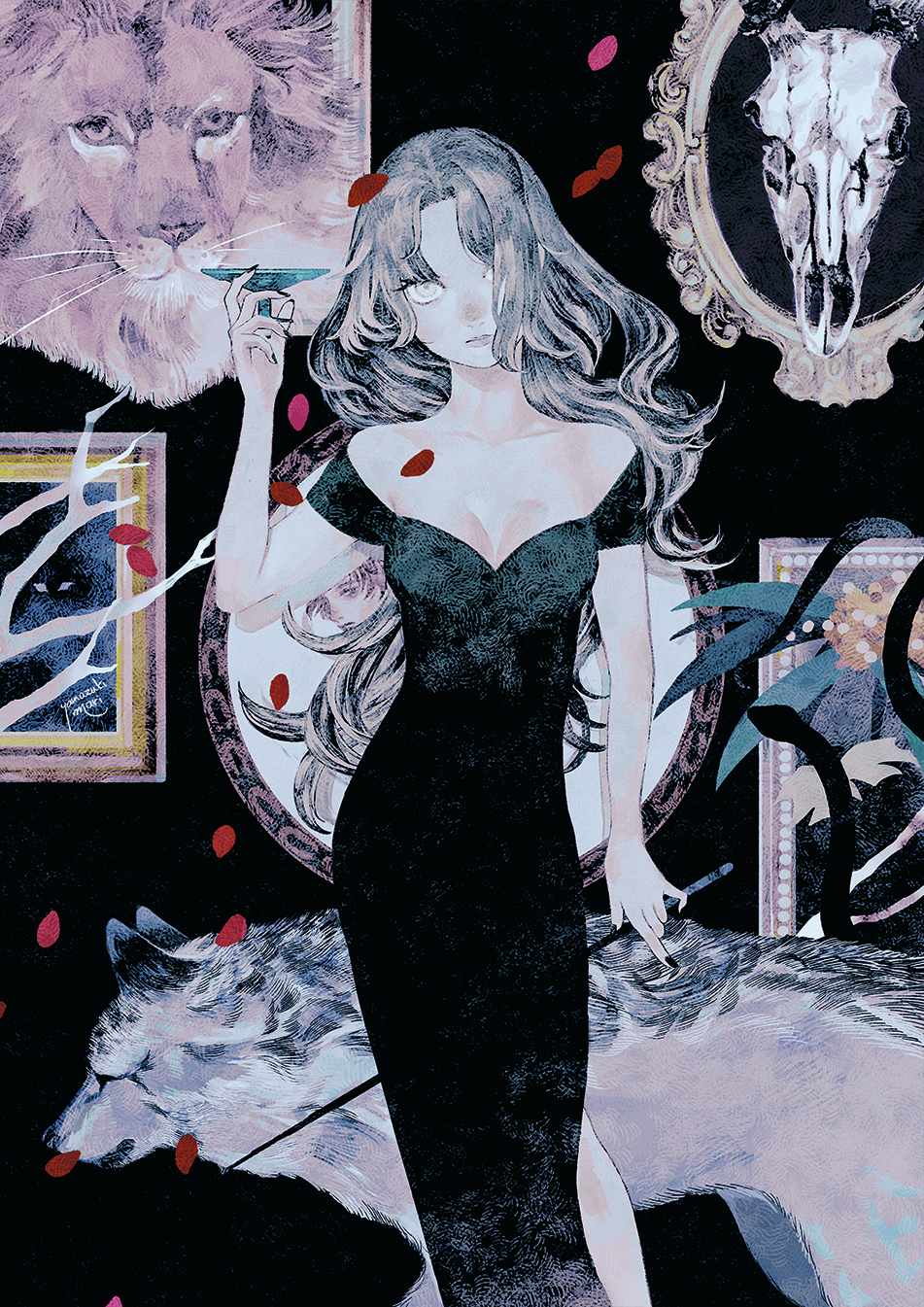 Dark digital art showing a female character with a collection of hunting trophies