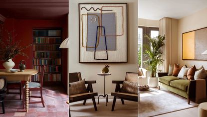 Belgium trends. Left; a red dining room with burgundy red walls, wood dining table and built in bookcase. Middle; cream room with twin wood armchairs and large artwork in center and table below. Right; a beige living room with green sofa, brown throw pillows and gray rug with a large palm houseplant