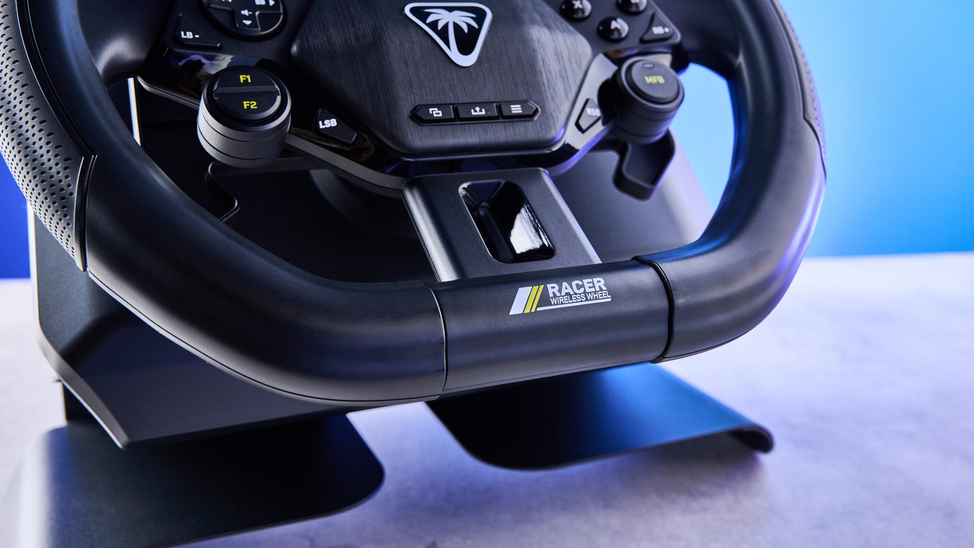 A black Turtle Beach Racer Wireless racing wheel
