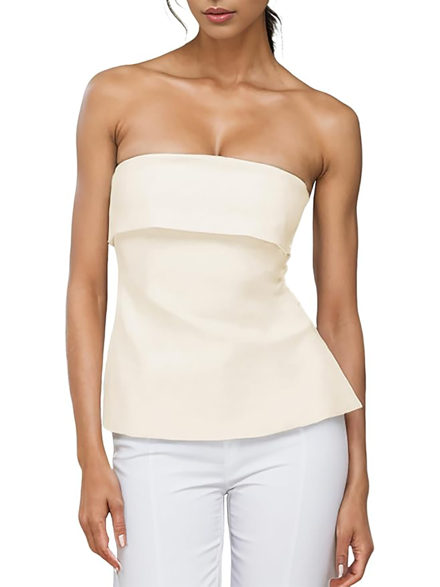 LAOTEPO, Strapless Tube Tops for Women Backless Going Out Bandeau Top Sexy Trendy Off Shoulder Side Split Summer Bustier Tops Apricot