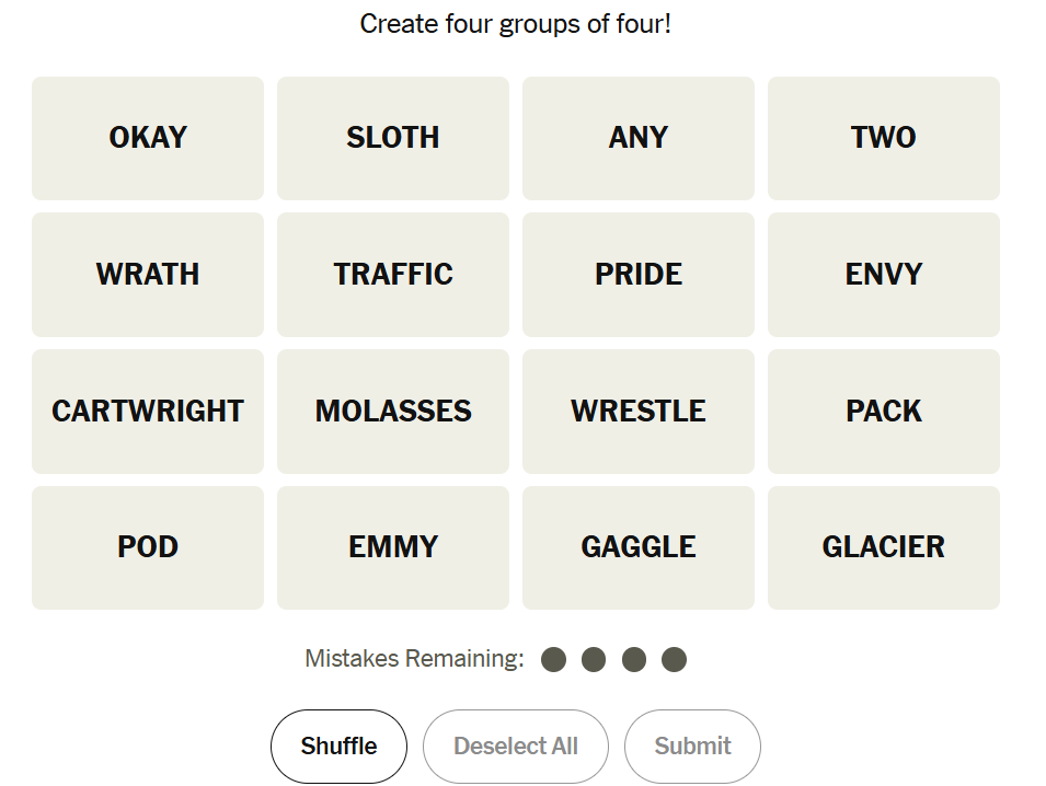 The New York Times Connections puzzle on March 16, 2026