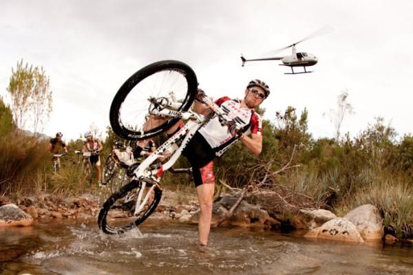 Lukas Fluckiger attempts to get through a river crossing