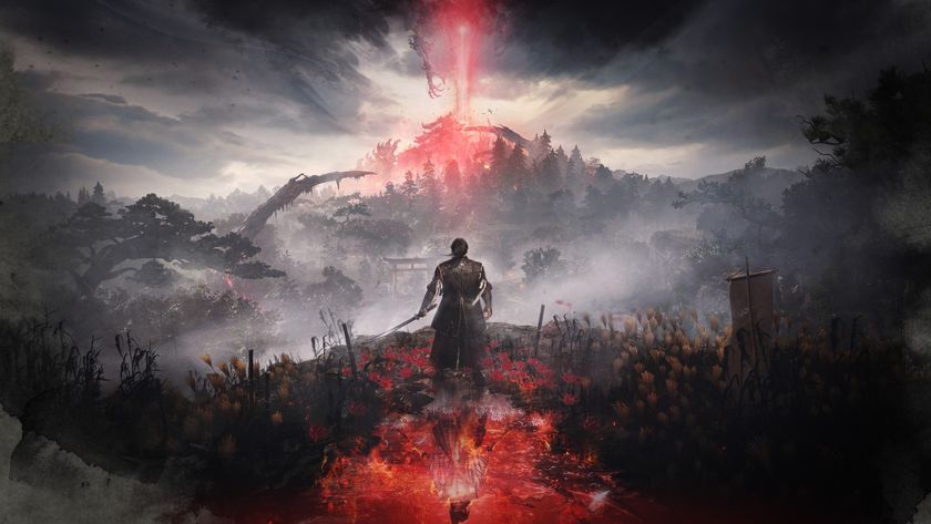 The protagonist of Nioh 3 looking out at the landscape, where on a mountain a red beam is shooting into the sky. 