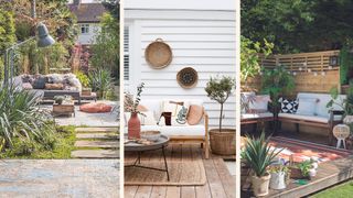 Compilation of gardens showing an array of outdoor living room ideas including outdoor sofas, coffee table and fairy lights