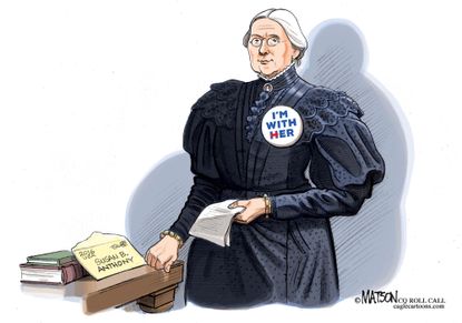 Political cartoon U.S. Susan B. Anthony with Clinton button