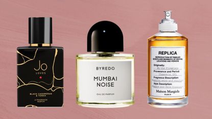 A selection of &#039;cosy perfumes&#039; from brands including Jo Loves, Byredo and Maison Margiela/ in a dark pink template