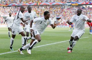 Asamoah Gyan celebrates after scoring for Ghana against Czech Republic at the 2006 World Cup.