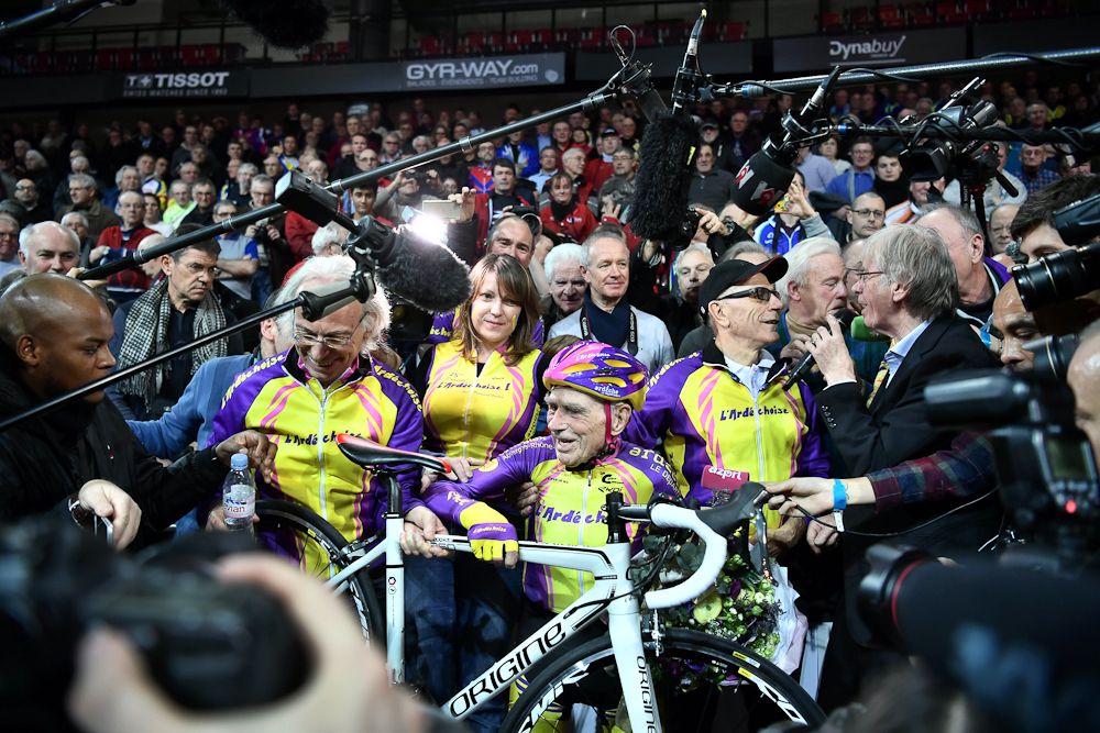 French centenarian cyclist Robert Marchand reacts after setting a one-hour track cycling World record at 22.547km in the over-105 age group