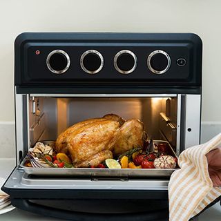 Cuisinart Air Fryer Mini Oven in black with roasted poultry bird