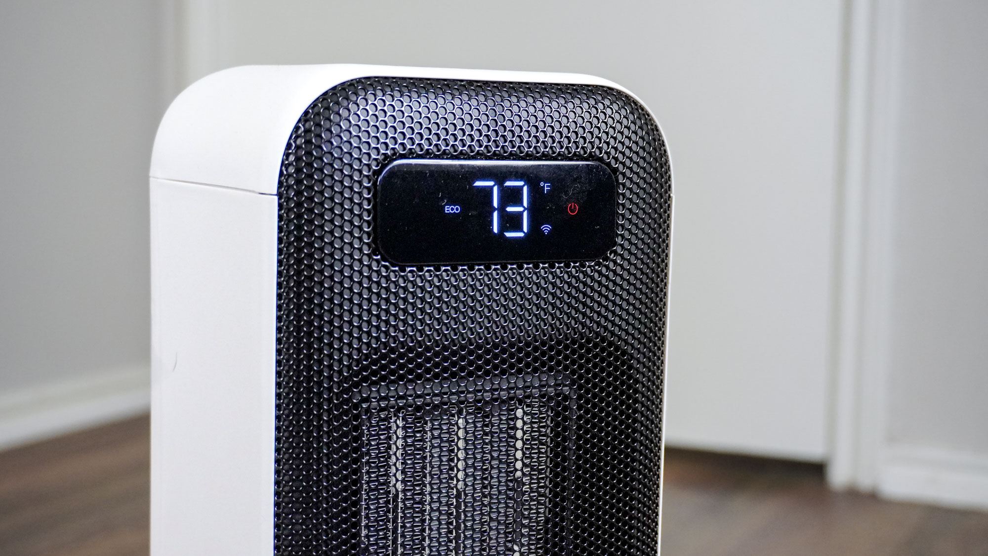 A close-up shot of the display panel on the front of the Morento Smart Space Heater