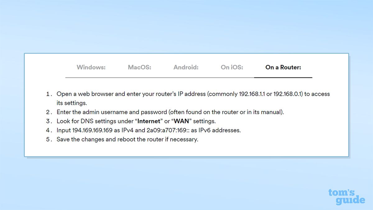 Screenshot from Surfshark's website detailing how to access Surfshark DNS on routers