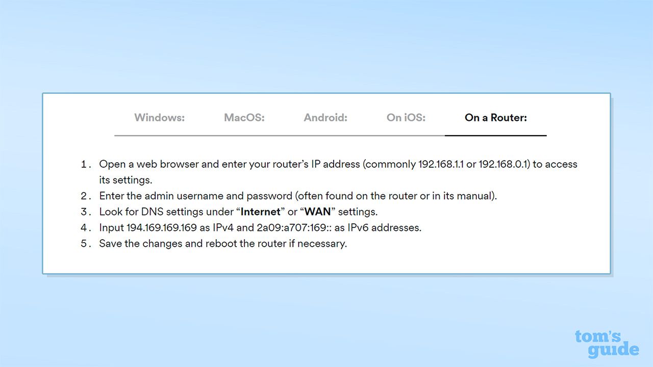 Screenshot from Surfshark's website detailing how to access Surfshark DNS on routers