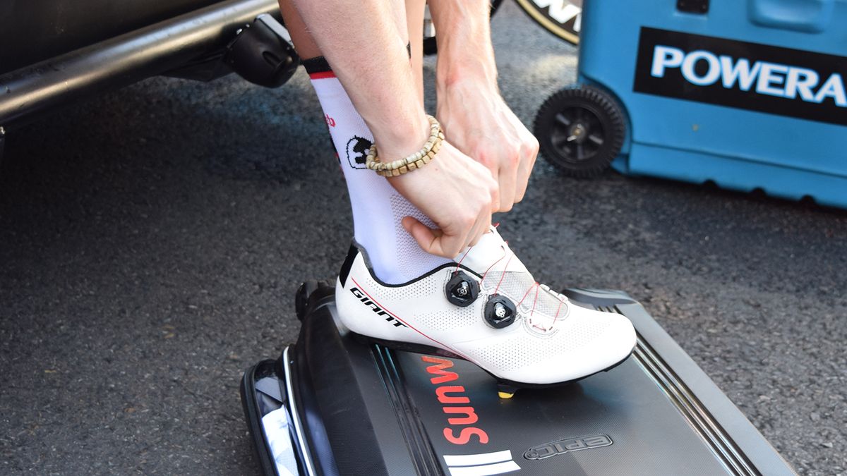 Team Sunweb riders are wearing shoes and helmets from former title sponsor Giant