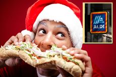 Main image man with Santa hat eating a sandwich and drop in of Aldi sign 