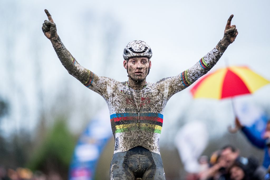 Dutch Mathieu Van Der Poel celebrates as he crosses the finish line to win the men's elite race of the 'GP Sven Nys' cyclocross cycling event on Monday 01 January 2024 in Baal, stage 4/8 in the X2O Badkamers 'Trofee Veldrijden' competition. BELGA PHOTO JASPER JACOBS (Photo by JASPER JACOBS / BELGA MAG / Belga via AFP)