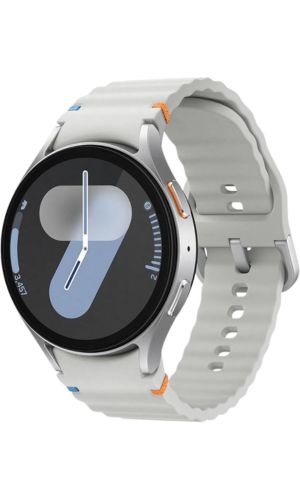 Samsung smart watch in silver with a grey strap 