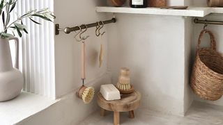 Wooden wash set hanging in kitchen