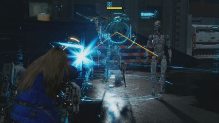Hugh aims at a humanoid robot in Pragmata as Diana links to it with a beam of energy, displaying a block-based hacking puzzle next to it