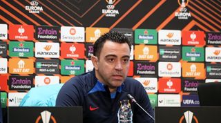 Barcelona manager Xavi speaks to the media during a press conference on 15 February, 2023 ahead of the Europa League knockout round play-off match between Barcelona and Manchester United in Barcelona, Catalonia, Spain.
