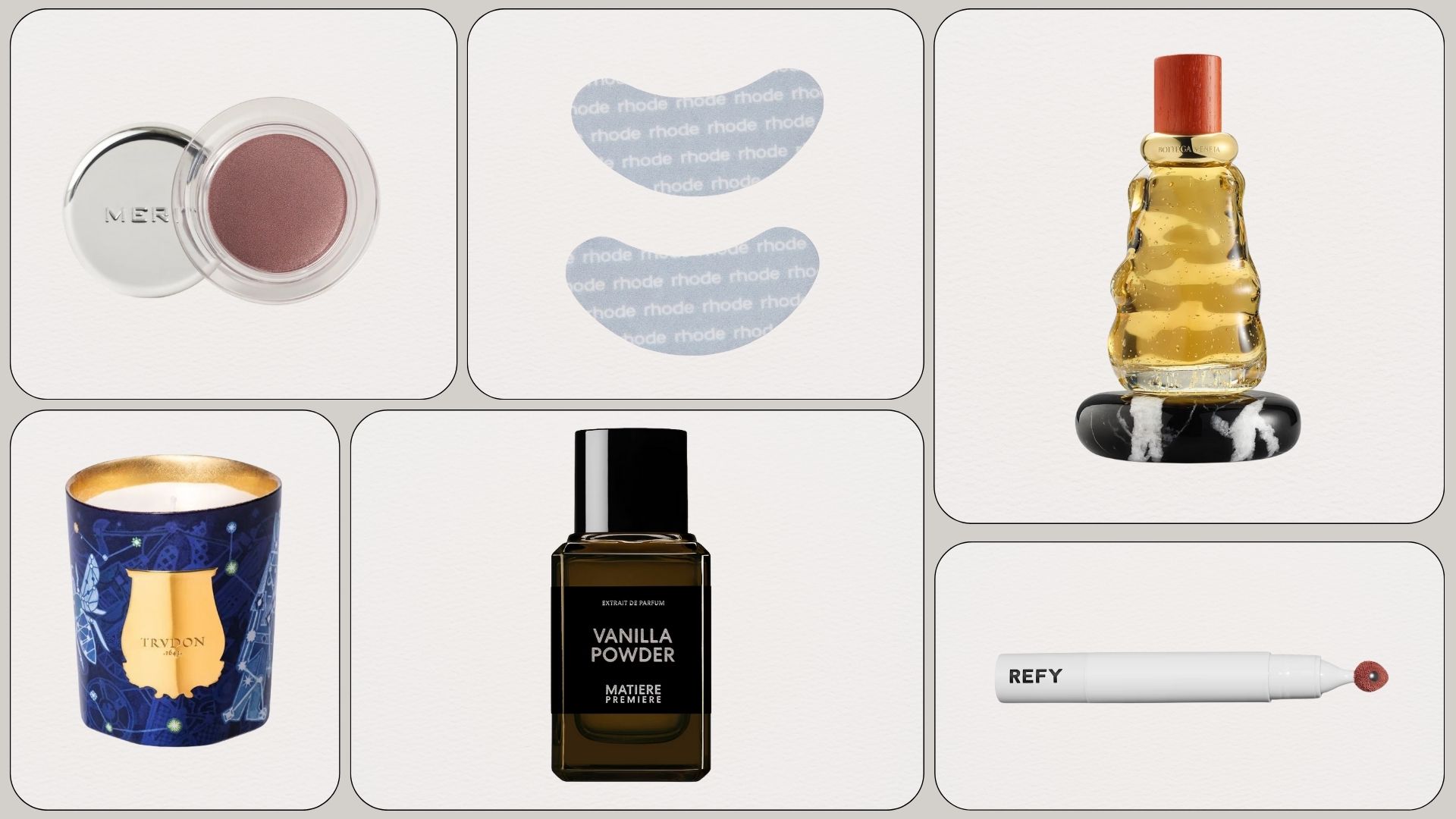 Graphic of the best new beauty products of the month featuring Merit, Rhode, Bottega Veneta, Diptyque, Matiere Premiere and Refy