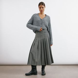 Grey Flannel Pleat Midi Skirt